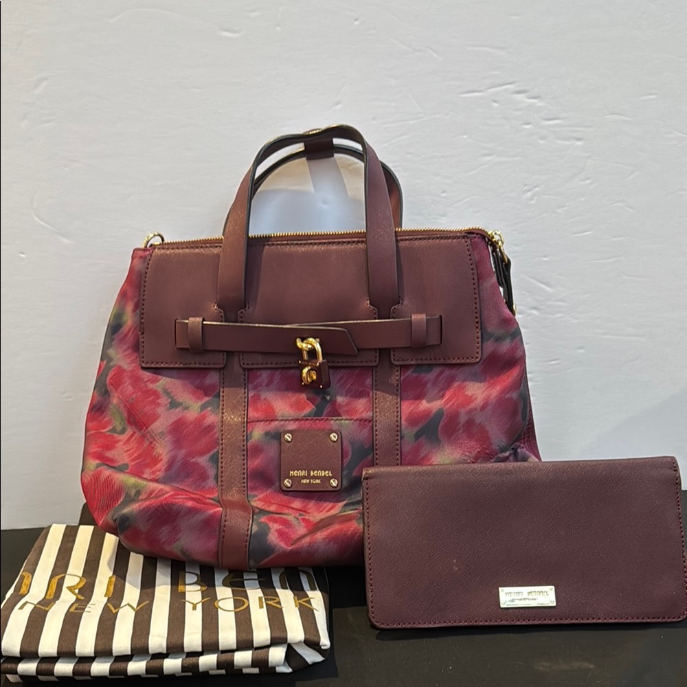 Henri Bendel Burgundy Print Convertible Backpack With Matching Wallet